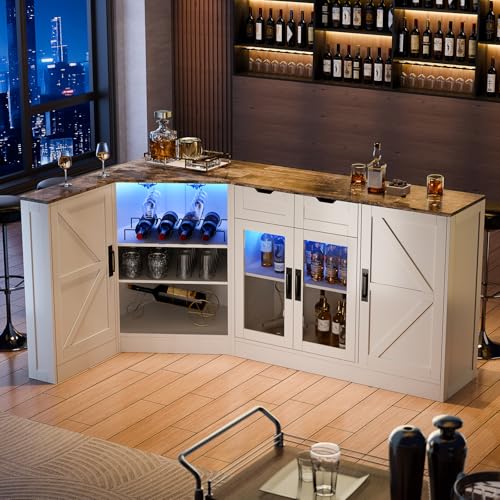 L-Shaped Wine Cabinet with Led Light and Storage