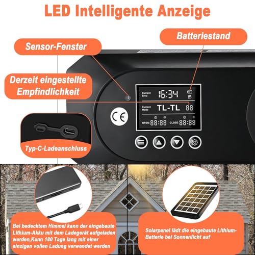 Automatische Hühnerklappe Solar, Cieex Größe Elektrische Hühnerklappe mit Timer, Wasserdicht LED Display, Lichtsensor, Fernbedienung, Auminum Solar Hühnerstalltür Intelligenter Einklemmschutz