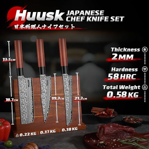 Image of Huusk Japanese Kitchen Knife Set of 3, Chef Knives Set with Gift Box | Boning Knife for Meat Cutting, Nakiri Vegetable Knives, Gyuto Chef Knives Set for Cooking, Gift for Chef Men Women