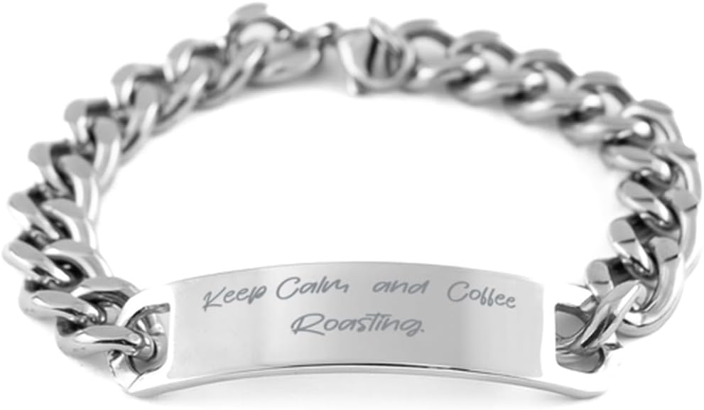 Generic Keep Calm Coffee Roasting Cuban Chain Bracelet, Funny Coffee Roasting Gifts, Engraved Bracelet For Friends from Friends, Small, silver