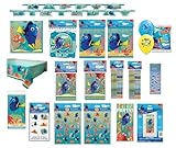 Finding Dory Nemo Birthday Party Bundle includes 16 Napkins, 1 Table Cover, 1 Banner, 1 Door Poster, 16 Invitations, 16 Loot Bags, 24 Tattoos, 16 Pencils, 8 Sticker Sheet, 6 Latex Balloons