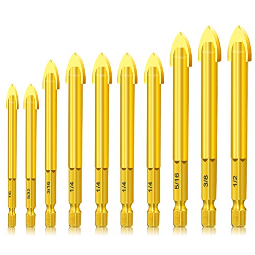 Masonry Drill Bits Set for Tile Glass Ceramic Brick Wood, 10 pcs Diameter 1/8 to 1/2 Inch Drilling Bits with 1/4 Hex Shank, Gold,