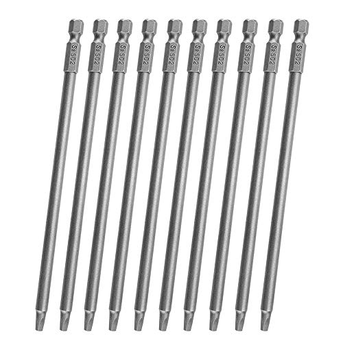 Mesee 10Pcs SQ2 Long Square Head Screwdriver Bit Set, 1/4 Inch Hex Shank Magnetic Square Screwdriver Bits Repairing Tool Accessory Kit for Woodworking Mechanic Household Appliances, 150mm Length