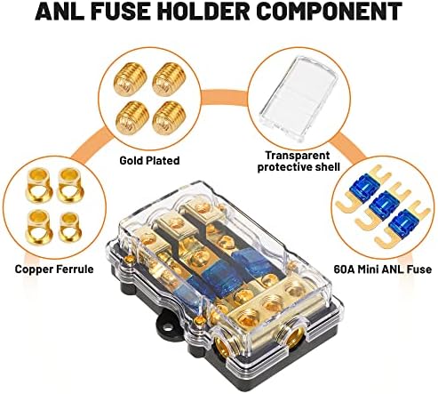 RED WOLF Car Audio ANL Fuse Holder 3 Way 60 Amp Fusible Distribution Block for Boat Trolling Motor Marine ATV Trailer Vehicles Stereo Video System Splitter Support 0/2/4 Gauge Input 4/8 Gauge Output