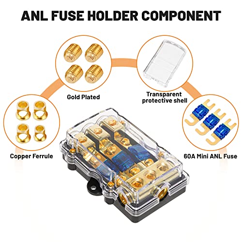Red Wolf Car Audio Anl Fuse Holder 3 Way 60 Amp Fusible Distribution Block For Boat Trolling Motor Marine Atv Trailer Vehicles Stereo Video System Splitter Support 0/2/4 Gauge Input 4/8 Gauge Output #TOP5