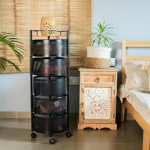 Image of MARKWELL Round Rotatable Kitchen Trolley with Wheels | Vegetable Fruit Onion Storage Rack | Multipurpose Metal Kitchen Organizer Stand | Matt Black (Round - 5 Layer)