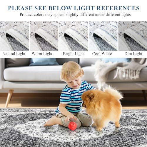 Image of Vintage Washable Rug，6x9 Boho Area Rugs for Living Room, Bedroom, Kitchen, Soft Non-Slip Foldable Indoor Carpet, Black Gray /Beige