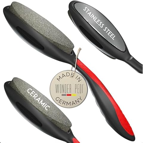 Made in Germany Ceramic Stone and Stainless Steel Foot File, Double Sided Callus Remover, Feet Scrubber, Professional Pedicure Foot Care Tool Rasp, Long Lasting Foot Buffer, Heel Scraper, Wonder Pedi Cover