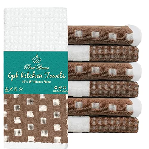 Pearl Linens 100% Cotton Kitchen Towel| Hand Towel With Hanging Loop| Bulk Gym Towel| Tea Towel Set| Multipurpose Towel| Highly Absorbent Dish Towels| Yarn Dyed Towel| 400 Gsm| Tan|16X28 In| Pack Of 6 #TOP10