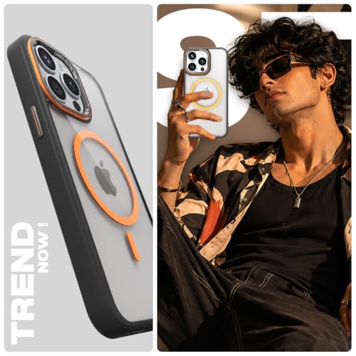 Image of Pikkme Back Cover for iPhone 15 Pro | Shockproof | Mag-Safe Compatible | Hard Transparent Back | Premium Raised Camera Protection | Bumper Case (Black & Orange Mag-Safe)