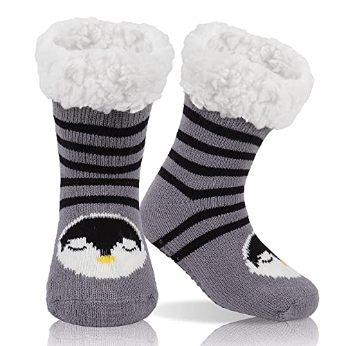 BLURBE Calcetines Antideslizantes Niños Niñas-Calcetines de Animales lindos para Niño y Niña,Invierno Calcetines de Casa con Forro Cálido y Espeso 1-8 años (Grisoscuro, M)