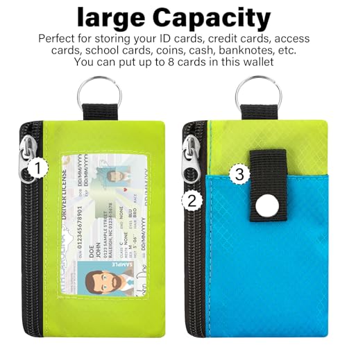 Minimalist Small Wallet for Men Women with 2 Zip Pockets, Multi Functional ID Case with Keychain and Card Holder, Coin Purse Badge Lanyard Pouch for Boys Girls Travel -Blue+YellowGreen3