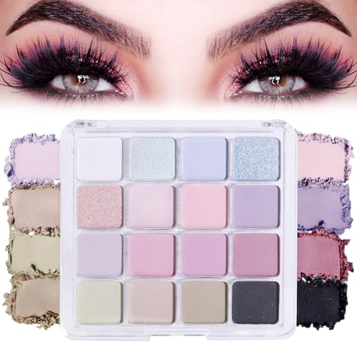 16 Colours Eye Shadow Pallets for Women, Long Lasting Waterproof Pink Purple Eyeshadow, Blendable Shimmer Matte Eye Shadow Pallets, Cold Blue Pink Nude Silver Eyeshadow Palette