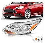 HECASA Left Headlight Assembly Compatible with 2012-2014 Ford Focus 4-Door Replacement for FO2502298 K301153LAS1 Driver Side Halogen Headlamp w/bulbs Clear Lens+Chrome Housing