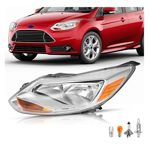 HECASA Left Headlight Assembly Compatible with 2012-2014 Ford Focus 4-Door Replacement for FO2502298 K301153LAS1 Driver Side Halogen Headlamp w/bulbs Clear Lens+Chrome Housing