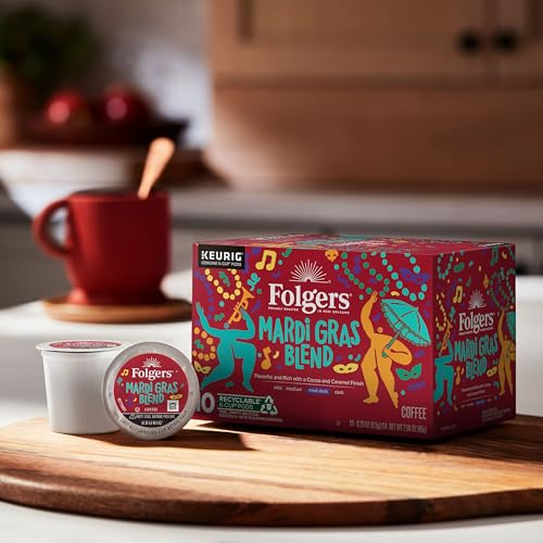 Image of Folgers Mardi Gras Blend Medium-Dark Roast Coffee, Keurig K-Cup pods, 10 Count Box (Pack of 6)