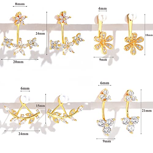 6-12 Pairs Star Ear Jacket Cuff Earrings Set, Gold Plated Front Back 2 In 1 With Cz Pearl, Flower Earring Studs For Women #TOP1
