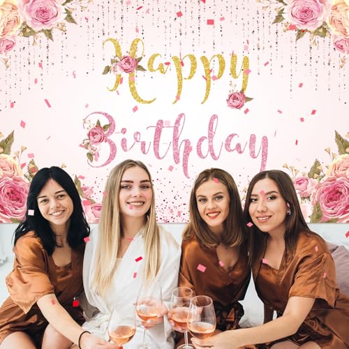 Image of Happy Birthday Banner Pink Birthday Party Backdrop for Women Girls birthday sign Courtyard Photography Background Indoor Outdoor 71 x 47 inches