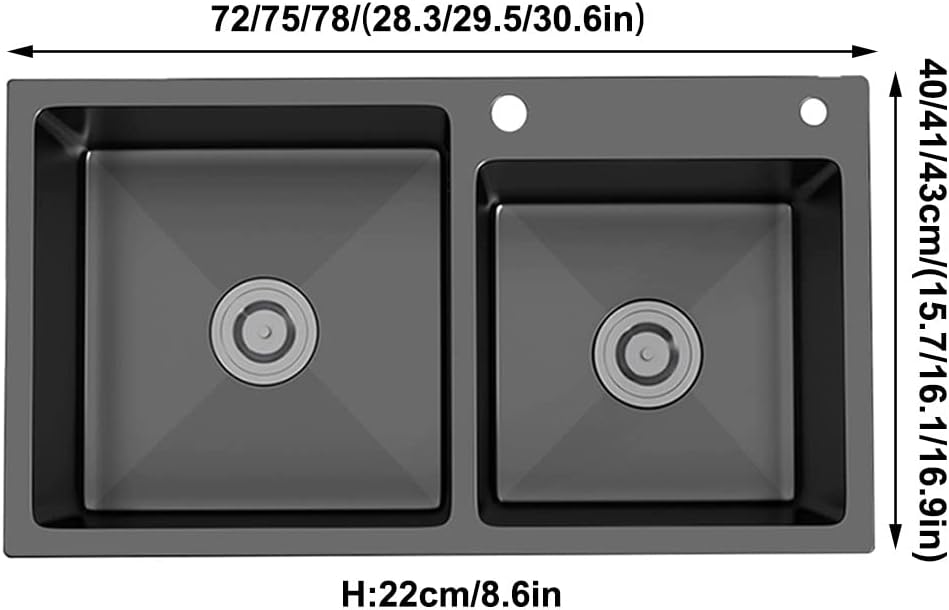 Double Bowl Kitchen Bar Sink Wet Bar & Prep Sink 304 Stainless Steel RV Sink with Square Faucet & Drain Top Mount Or Undermount (Color : Black, Size : 78x43x22cm)