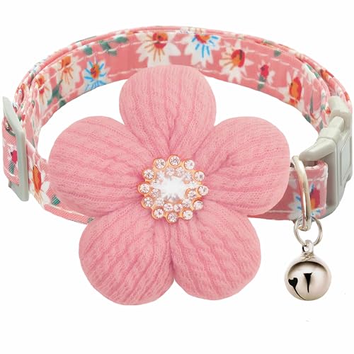 Kleines Hundehalsband mit Blume, 1 Hundehalsband mit Blume, Cat Collar, Verstellbar Süße Hundehalsband mit Diamantblume mit Glöckchen, Haustierdekorationen, für Kleine Hunde und Kätzchen (Rosa)