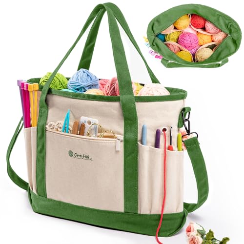 Image of MYBAGZING Canvas Yarn Storage Organizer Bag Washable Crochet Bag with Pockets for Yarn, Hooks, Needles - Travel Knitting Tote for Crafters - Gift for Crocheters & Knitters (Medium /Large)