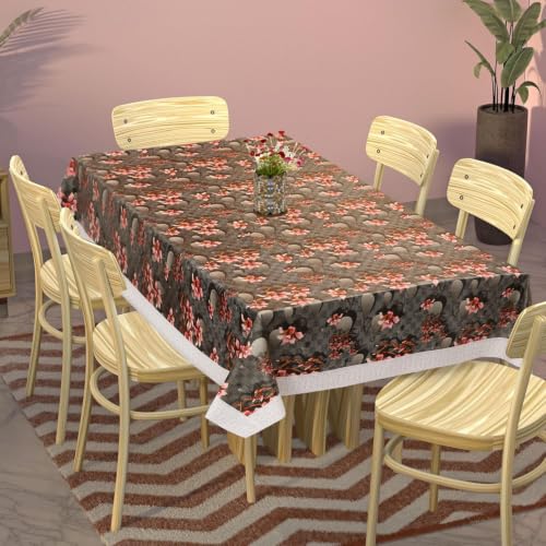 Image of Dakshya Industries 6 Seater PVC Waterproof Dining Table Cover 60x90 Inch | Floral Printed Washable Table Cloth with Lace Border