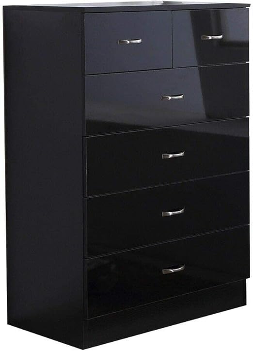 FWStyle Modern 6 Drawer Chest High Black Gloss Bedroom Storage