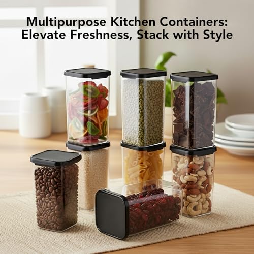Image of Plastic Airtight Containers Set For Kitchen Storage And Containers Box For Pantry Organization And Container (1500ml, Black And Transparent) Set of 8