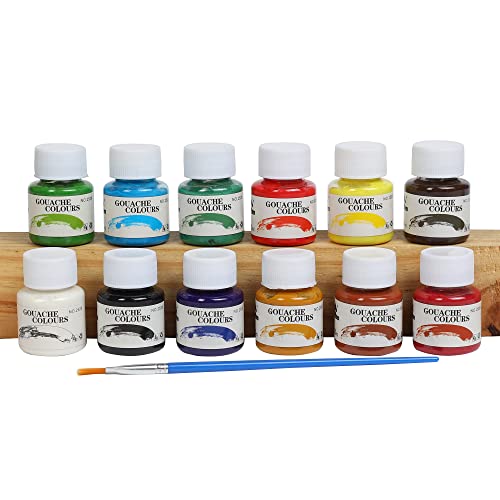 Image of 12 x 25ml Gouache Paint Set with Free Paintbrush - Acid-Free, Non-Toxic Multicolored Artists' Gouache Colors for Painting and Mixed Media