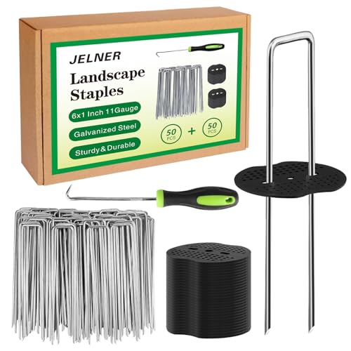 JELNER Garden Stakes,6 Inch 11 Gauge 50pcs Galvanized Landscape Staples + 50pcs Gaskets + 1Pick...