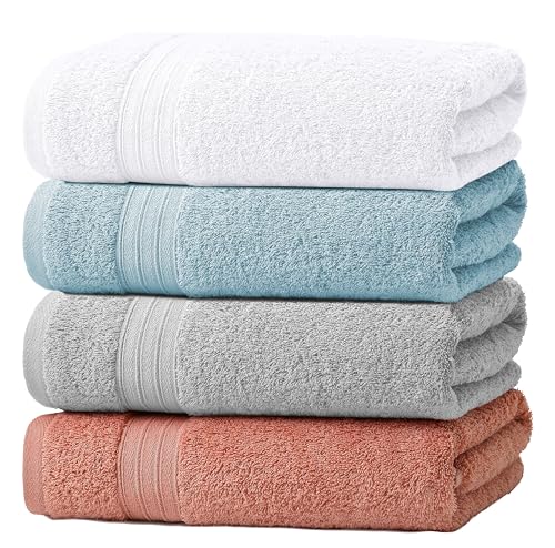GraceAier バスタオル 綿100% ホテル仕様 4枚セット 大判 60×120cm 高級コーマ糸使用 中厚手 瞬間吸水 速乾 毛羽落ちが少ない 高耐久 部屋干し対応 業務用 家庭用 ギフト(ミックスカラー)