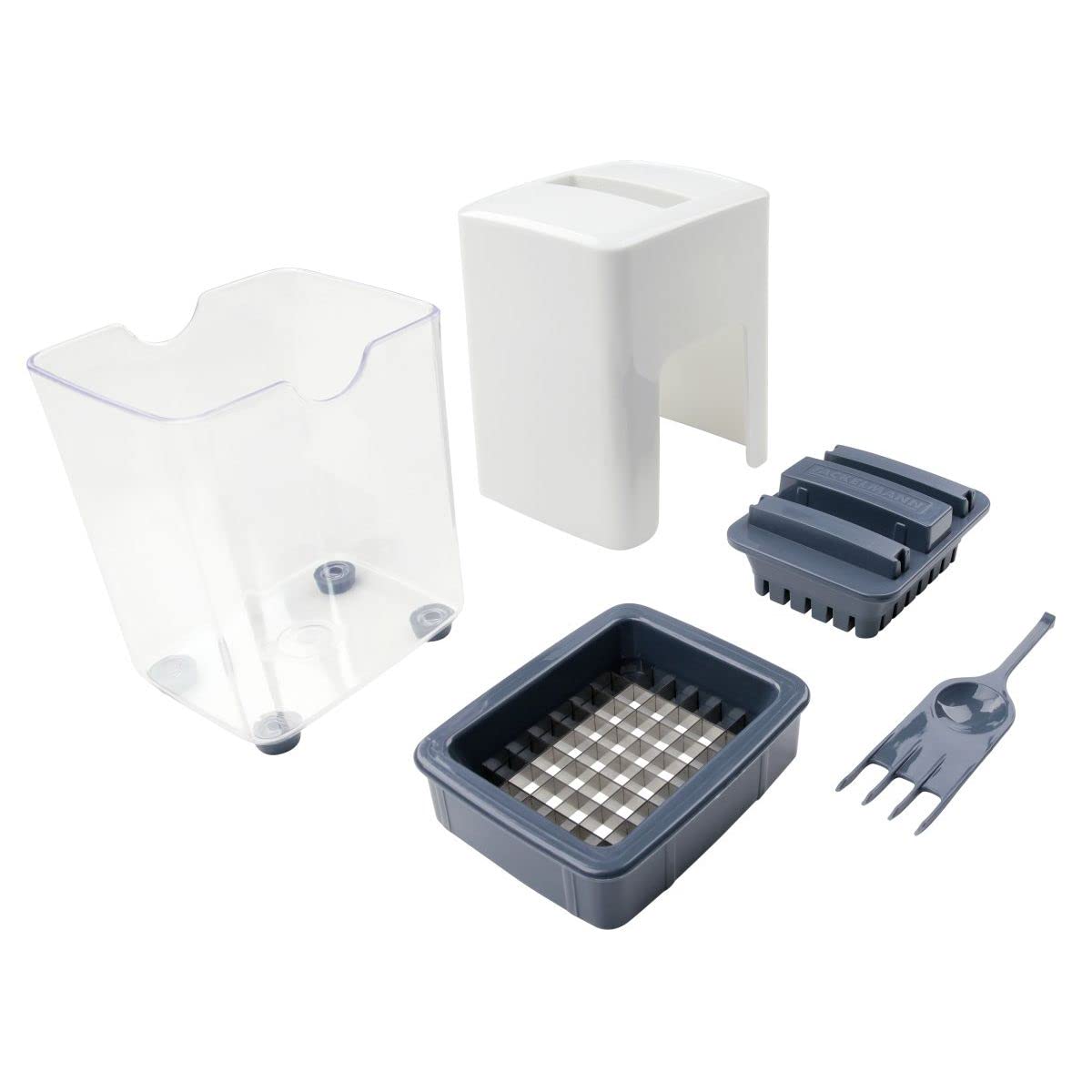 FACKELMANN Affettaverdure a stick, Linea EASY PREPARE, ideale per patate, carote e molto altro, 11,5x10x16cm, colore: blu scuro e bianco