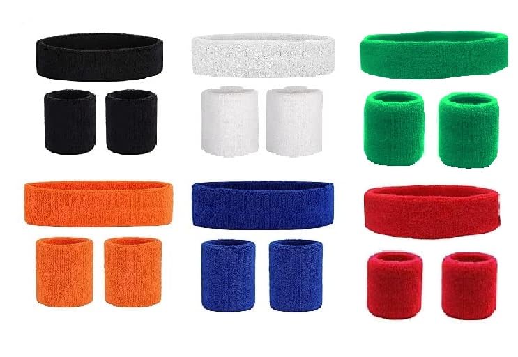 Image of AASHIE N HOME'S Men,Women Cotton Sports wear Wrist Band & Head Band Color Black + Blue + RED + White + Green + Orange (Set of 18)