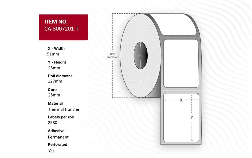 Capture Label 51 X 25Mm Core 25Mm Thermal Transfer Coated Permanent Perforated 2580 Labels Per Roll 8 Rolls Per Box. Equal To P/N: 3007201-T 5715063119105