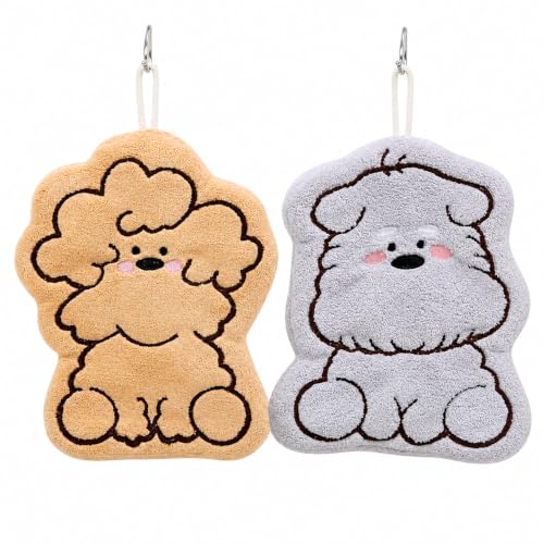 Image of House of Quirk Puppy Shaped Hanging Towels Set of 2 | Soft Coral Fleece Kitchen & Bathroom Towels | Super Absorbent & Quick-Dry Decorative Cloths (Grey /Tan)