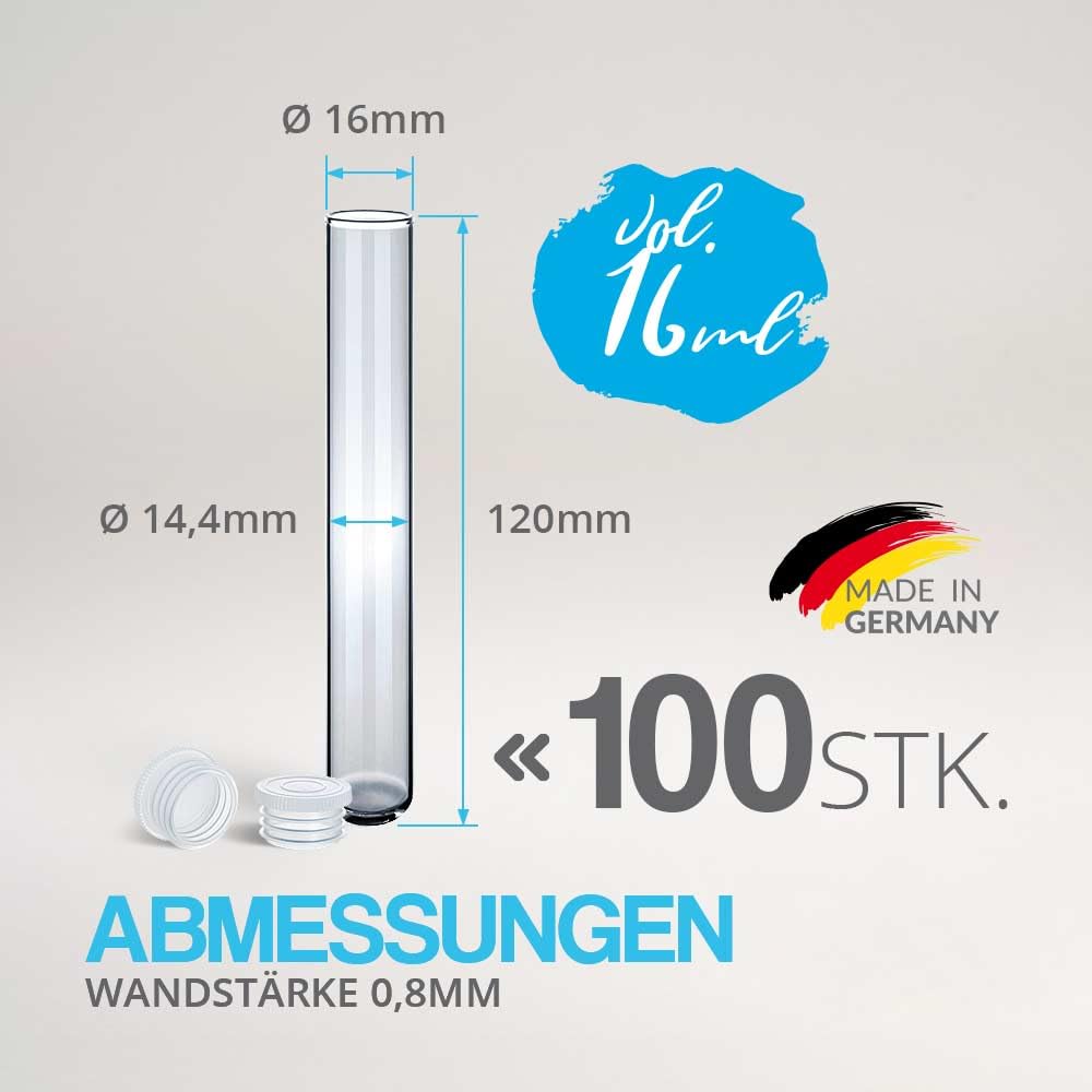 Tuuters 100 Stück Reagenzgläser aus Glas mit Verschluss (120 x Ø 16mm) Glasröhrchen mit Deckel für Lebensmittel Kräuter Samen