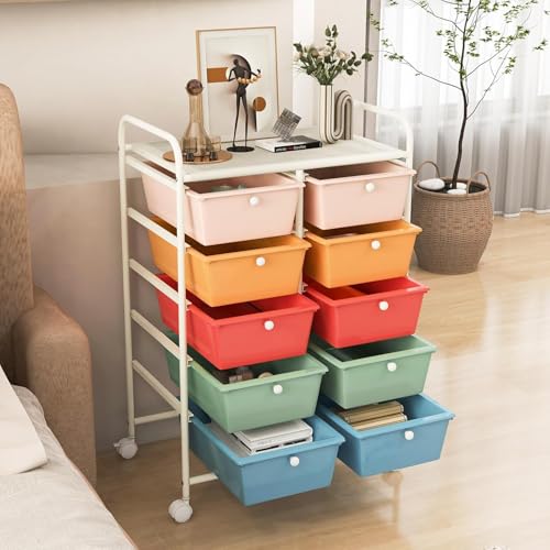 Image of LDAILY 10 Drawer Rolling Cart, Storage Cart Organizer on Wheels, Drawer Cart with Metal Frame & Large Storage Capacity, Rolling Cart with Drawers for Living Room Classroom, Office