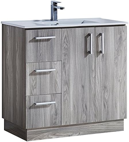 InFurniture IN3535-GW 35" Bathroom Vanity with Ceramic Sink In Grey Walnut Wood Texture Finish Bathroom Vanity with Ceramic Sink