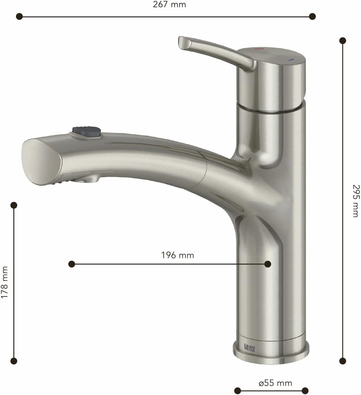 Lenz Nexo 2 kitchen faucet with key dimensions labeled
