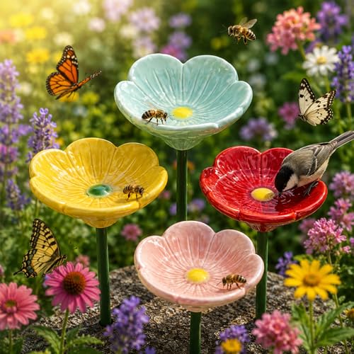 Garden Ceramic Bee Watering Station, Poppy Flower Bird Bath, Weather Resistant Hummingbird Feeders & Insect Waterer for Outdoor Decor (4pcsd)