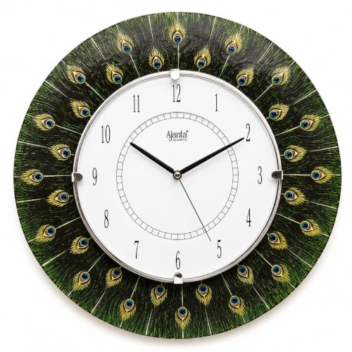 Image of Ajanta Quartz 16-Inch Round Wall Clock ? Premium Traditional Peacock Feather Mor Pankh Design | Decorative Ethnic Wall Watch with Tick-Tack Sound for Living Room, Home and Office