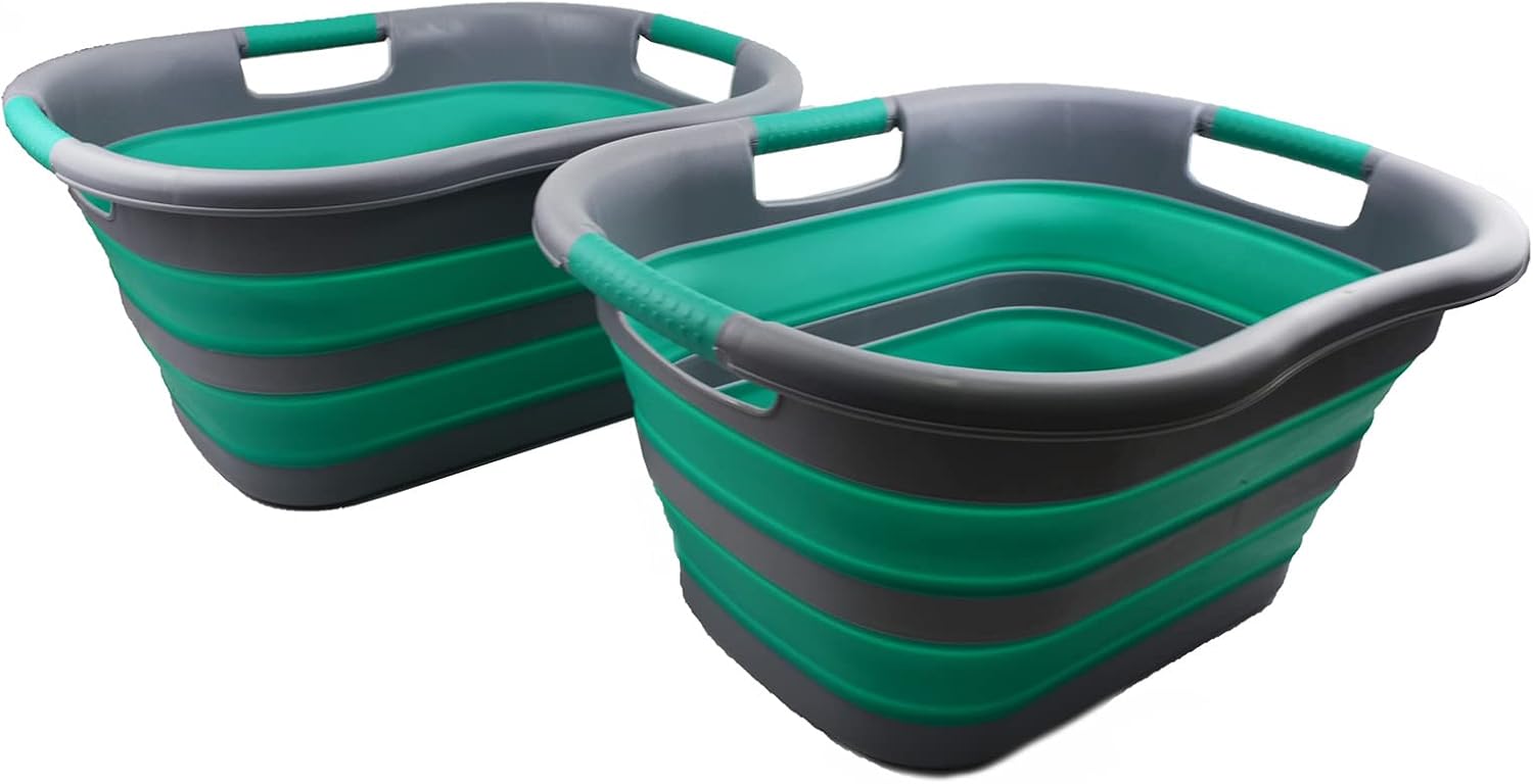 SAMMART 30L (7.9 gallon) Collapsible Plastic Laundry Basket - Foldable Pop Up Storage Container/Organizer - Portable Washing Tub - Space Saving Hamper/Basket (Dark Grey/Bluish-Green (Set of 2))