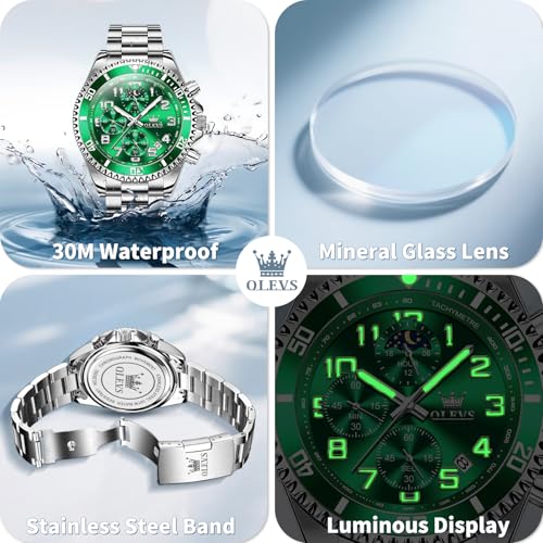 Image of OLEVS Watches for Men Stainless Steel Dress Men Watch with Date Big Face Chronograph Waterproof Luxury Fashion Watch Blue /Black /Gold /Green /Silver Face Relojes para Hombres
