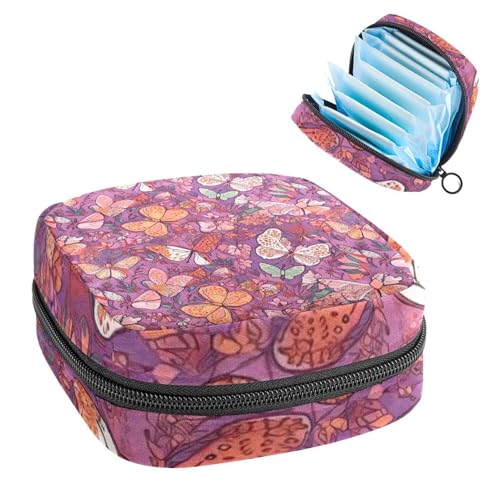 Sanitary Napkin Storage Bag for Women Cute, Feminine Menstruation Pad Holder for Period, Portable Zipper Menstrual Pad Bags Butterflies with Florals Purple