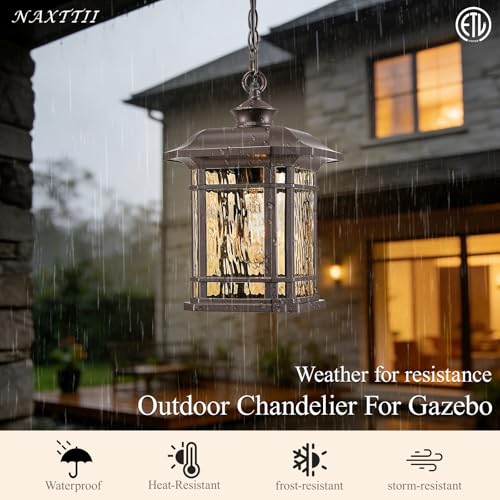 Image of Waterproof Outdoor Hanging Lantern Light 13.8 Inch Large Outdoor Pendant Light with Adjustable Chain Dusk to Dawn Aluminum Hanging Porch Light with Water Ripple Glass E26 Socket