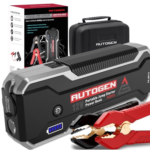 Autogen Starthilfe Powerbank, 4000A Auto Starthilfe für 12V Fahrzeuge (Bis zu All Benzin und 10L Diesel), Starthilfe mit USB, LED und Starthilfekabel