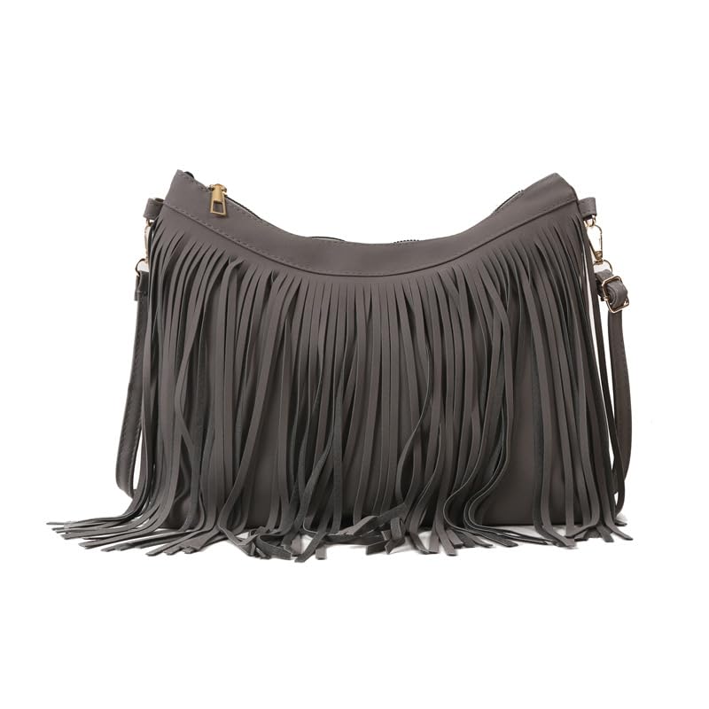 Bolsa tiracolo pequena com franja com alça de pulso e borla, bolsa feminina estilo country com franjas ocidentais, Cinza, Medium, Cinza