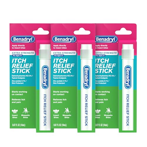 Benadryl Extra Strength Anti-Itch Relief Stick, Bug Bite Itch Relief, Diphenhydramine HCl Topical Analgesic & Zinc Acetate Skin Protectant, Great for Camping Essentials, 0.47 fl oz (Pack of 3)