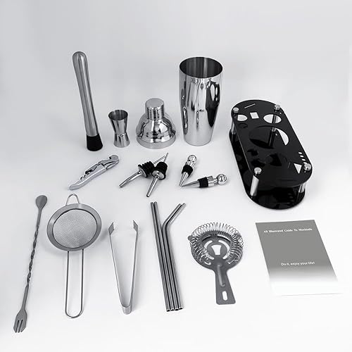 Miniatura 8 de Juego de coctelera con soporte, juego de herramientas de barra de 16 piezas, juego de mezclador de bebidas, incluye coctelera de 25 onzas, jigger,