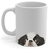 Lovesout Funny Curious Young Black White Japanese Chin Peeking Look Out Coffee Mug 11oz White Ceramic Cup Puppy Owners Gifts